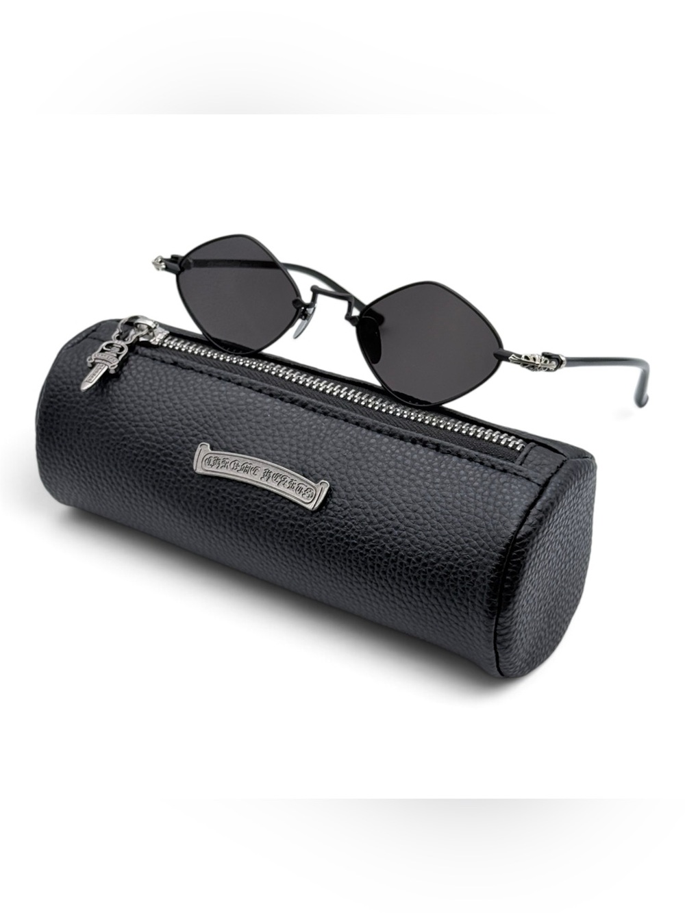 Chrome Hearts Black Pebbled Leather Sunglasses Pouch with Silver Plaque